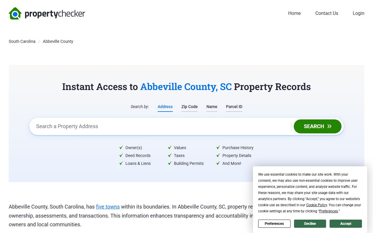 Abbeville County deed records on SC Property Checker showing ownership and land data