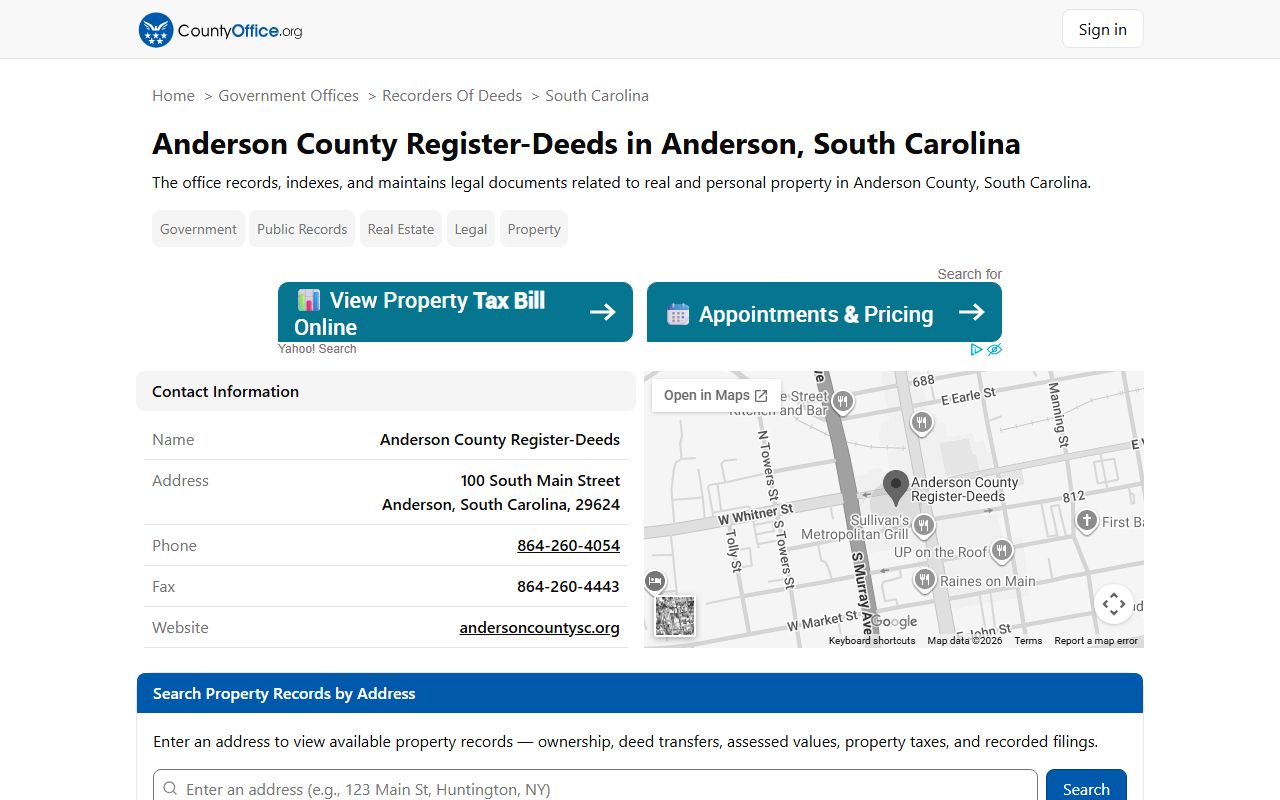 Anderson County deed records on County Office directory page showing Register of Deeds location