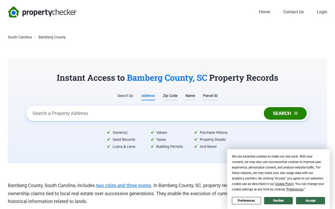 Bamberg County deed records on SC Property Checker showing property and ownership data