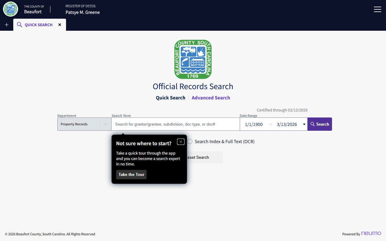Beaufort County deed records on Cloud Search portal showing online document access