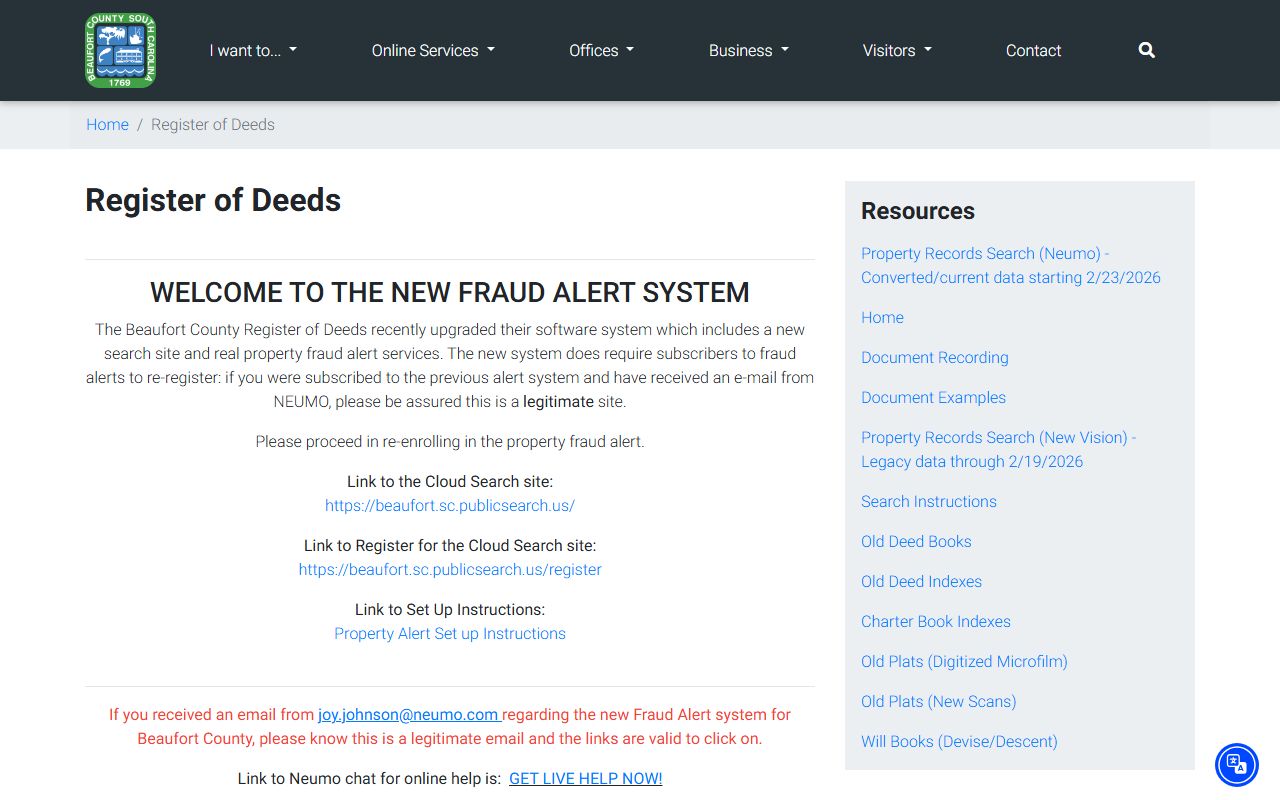 Beaufort County deed records on Register of Deeds official page with search and fraud alert features