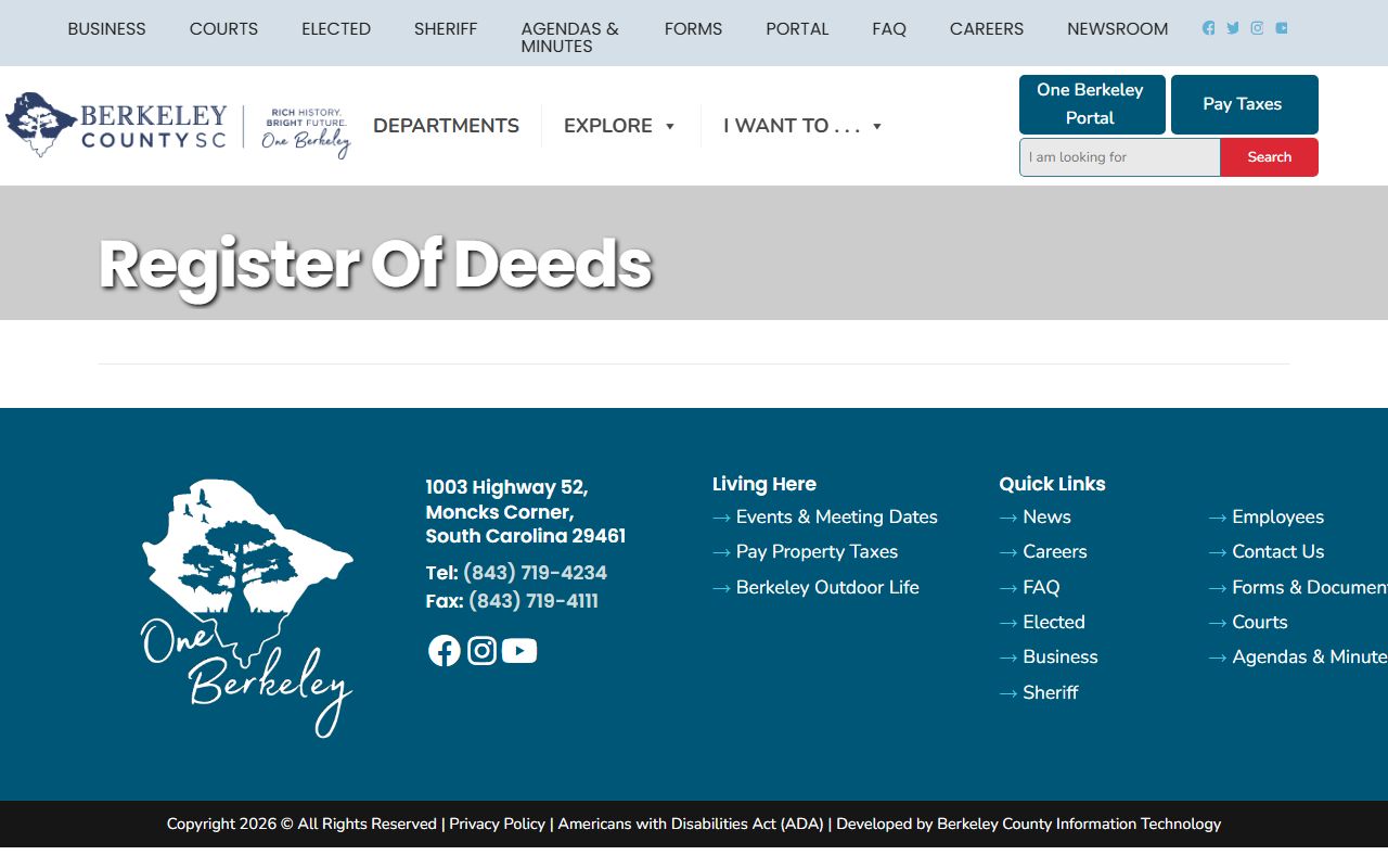 Berkeley County deed records on Register of Deeds official page showing recording services