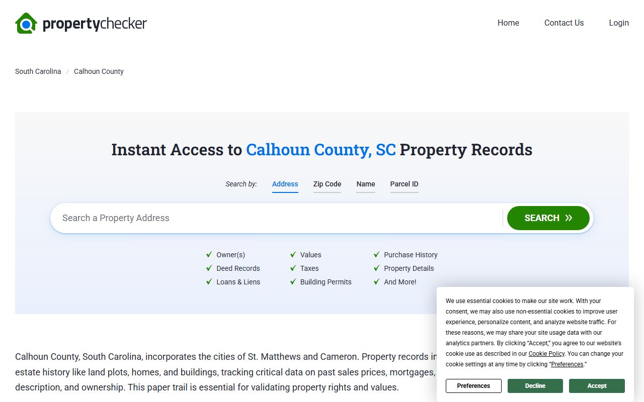 Calhoun County deed records on SC Property Checker with ownership and property data