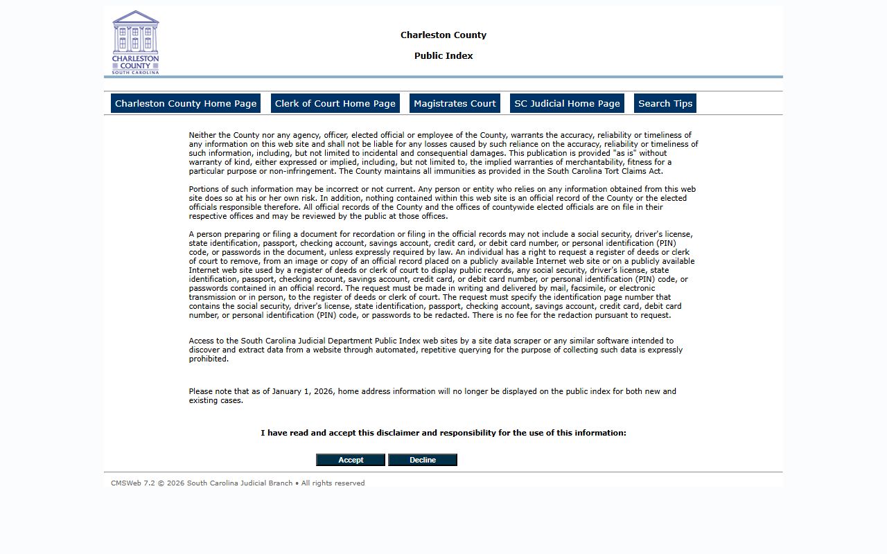 Charleston County deed records on Public Index search portal showing court and land record access