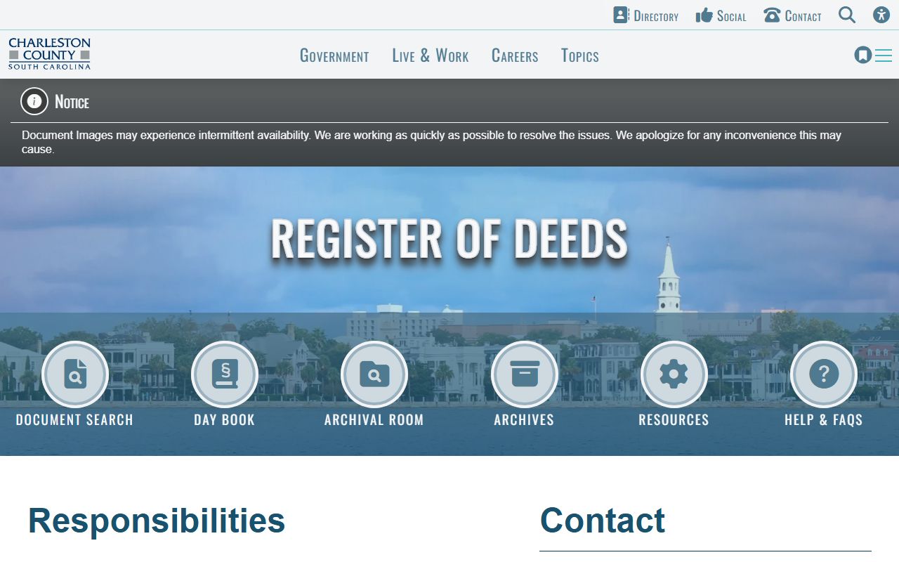 Charleston County deed records on Register of Deeds official website showing search access and services