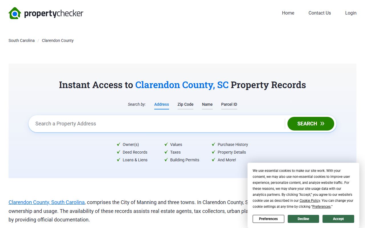 Clarendon County deed records on SC Property Checker with ownership and property information