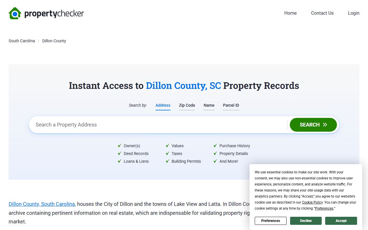 Dillon County deed records displayed on SC Property Checker search tool