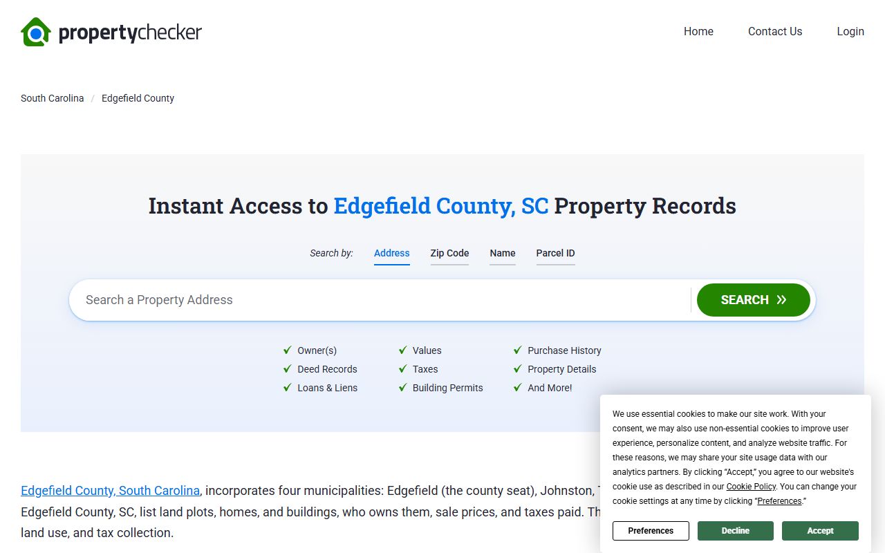 Edgefield County deed records and property data displayed on SC Property Checker