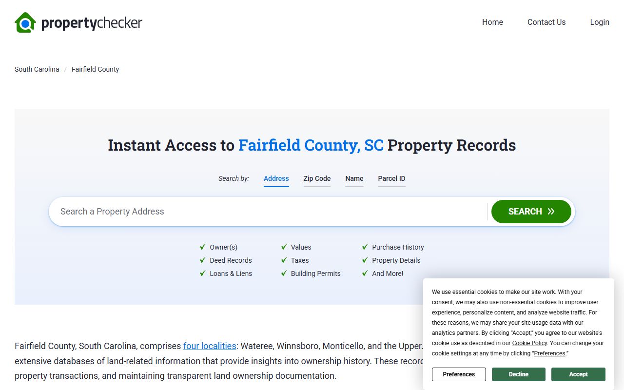 Fairfield County deed records and property ownership data shown on SC Property Checker