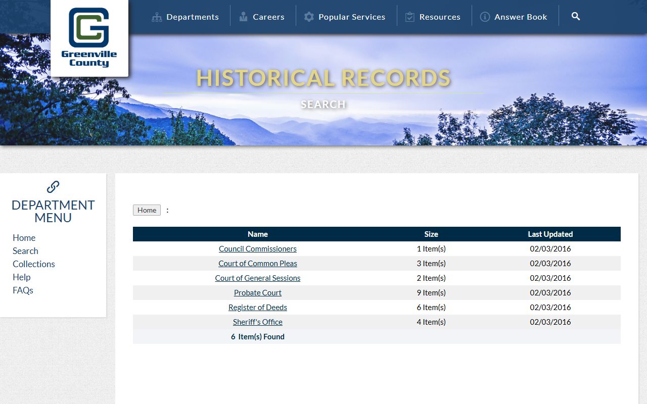 Greenville County Historical Records Search system showing digitized deed books and conveyance indexes