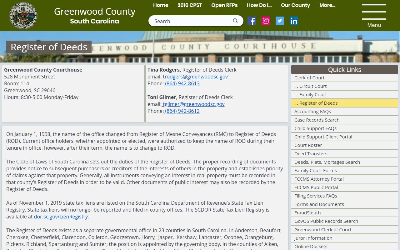 Greenwood County Register of Deeds official page with recording services and deed records access