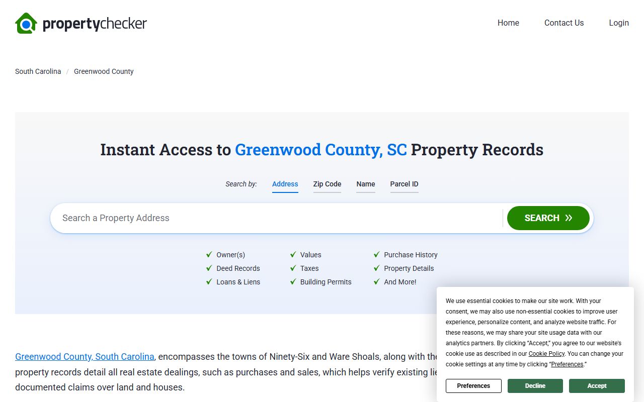 Greenwood County deed records and property data displayed on SC Property Checker