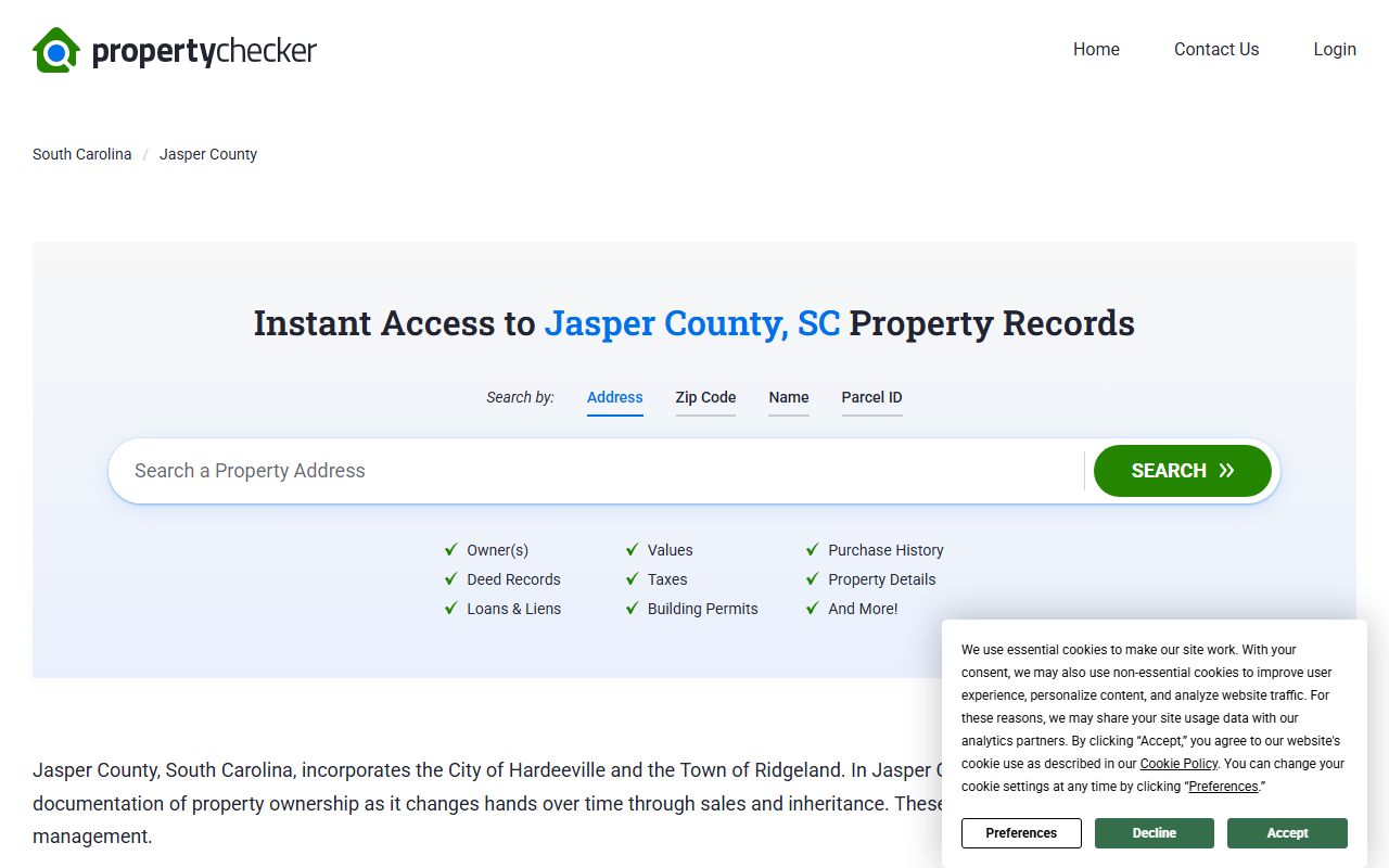 Jasper County deed records on SC Property Checker showing ownership and land data