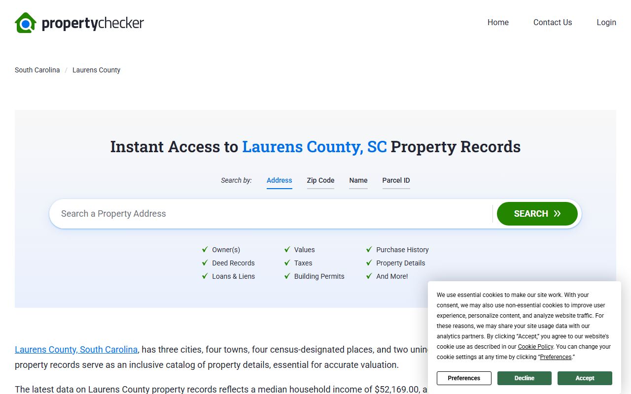 Laurens County deed records on SC Property Checker showing ownership and land data