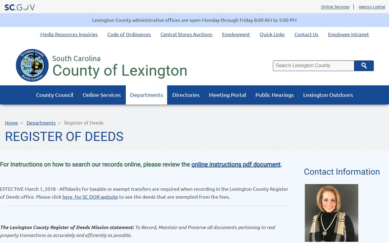 Lexington County Register of Deeds page showing deed records and online access options