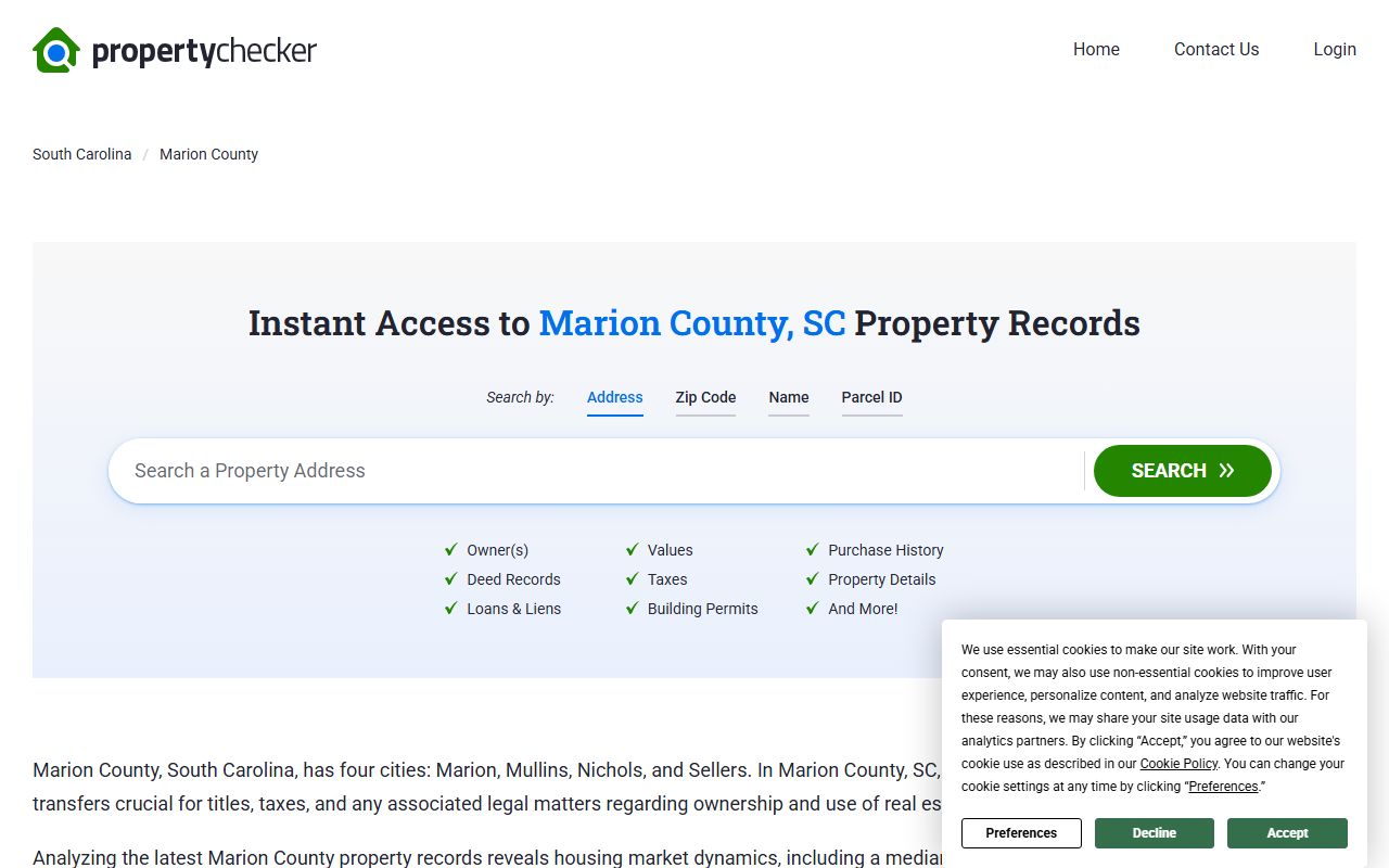 Marion County deed records on SC Property Checker showing ownership and land data