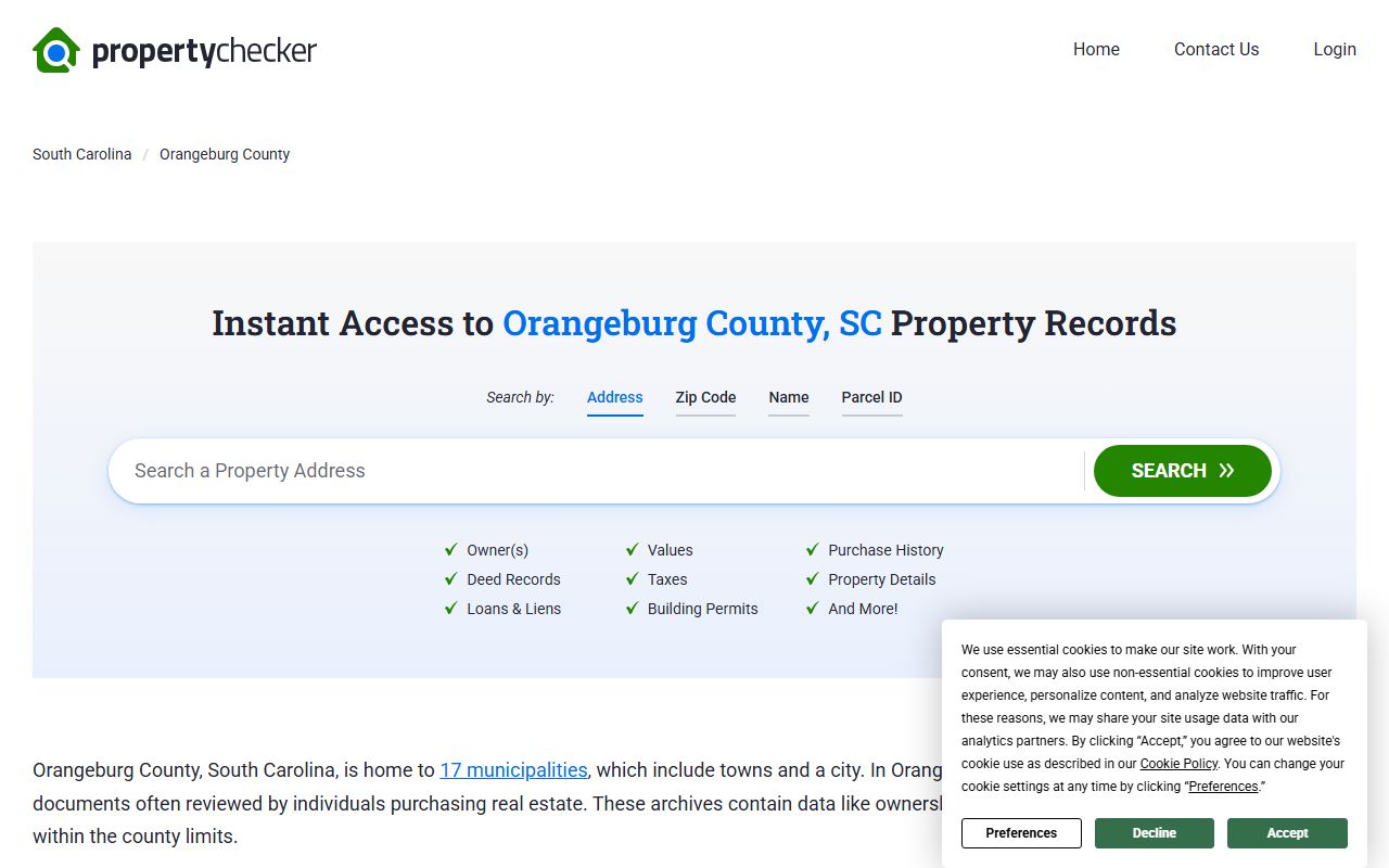 Orangeburg County deed records on SC Property Checker showing ownership and land data