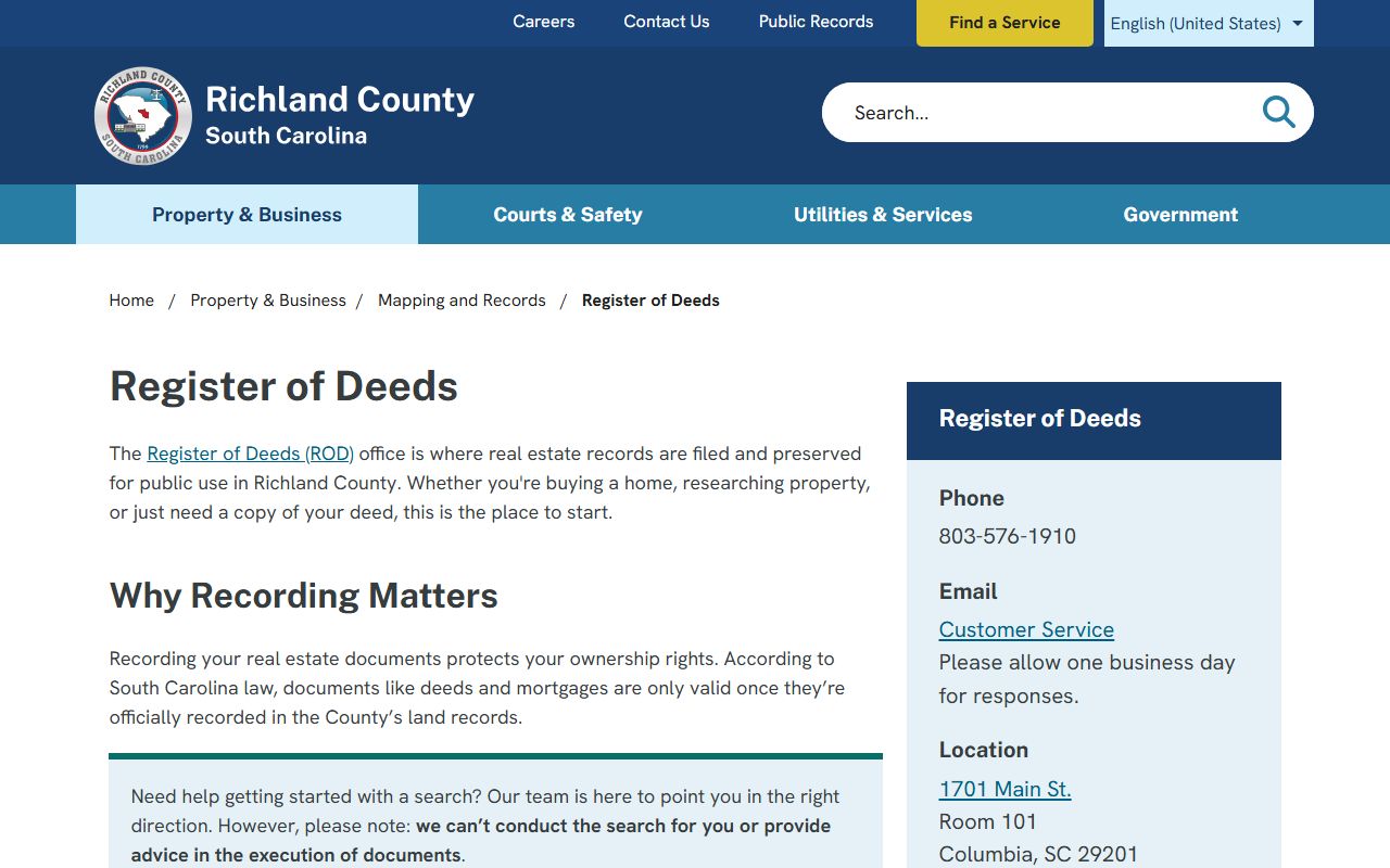 Richland County deed records on Richland County Register of Deeds website