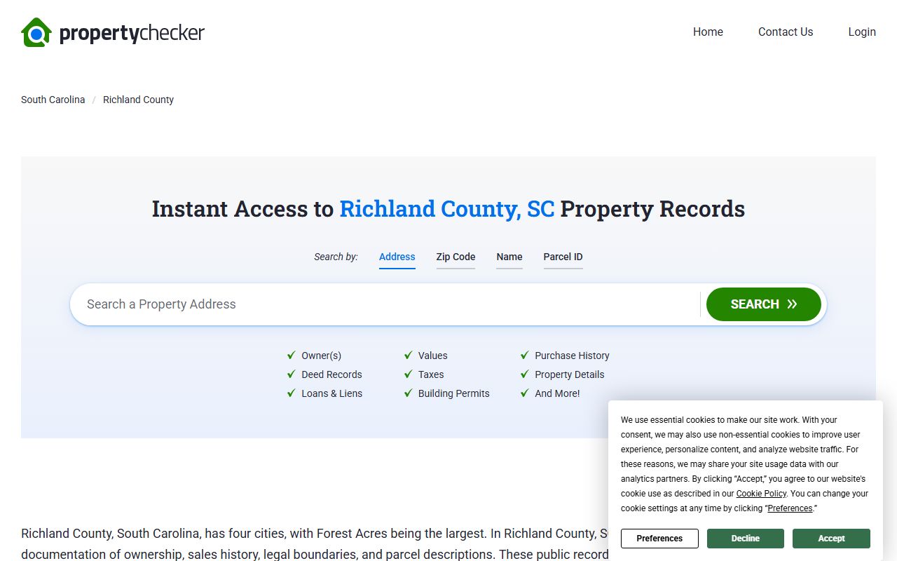 Richland County deed records on SC Property Checker showing ownership and land data