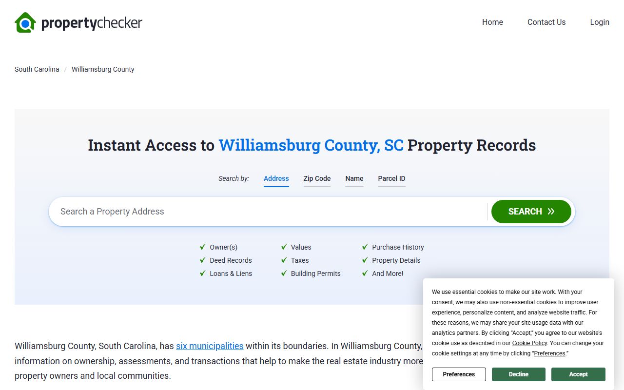 Williamsburg County deed records on SC Property Checker showing ownership and land data