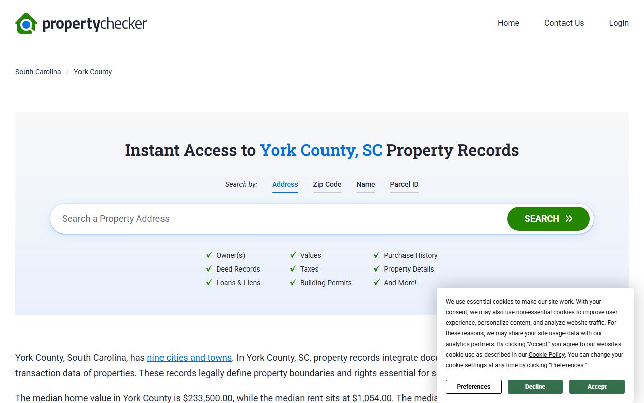 York County deed records on SC Property Checker showing ownership and land data