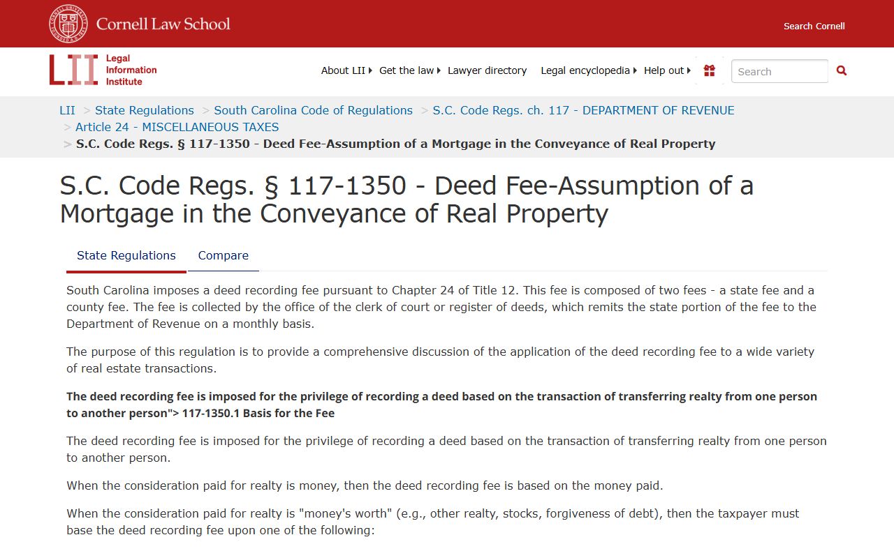 Cornell Law South Carolina deed fee regulations for South Carolina deed records