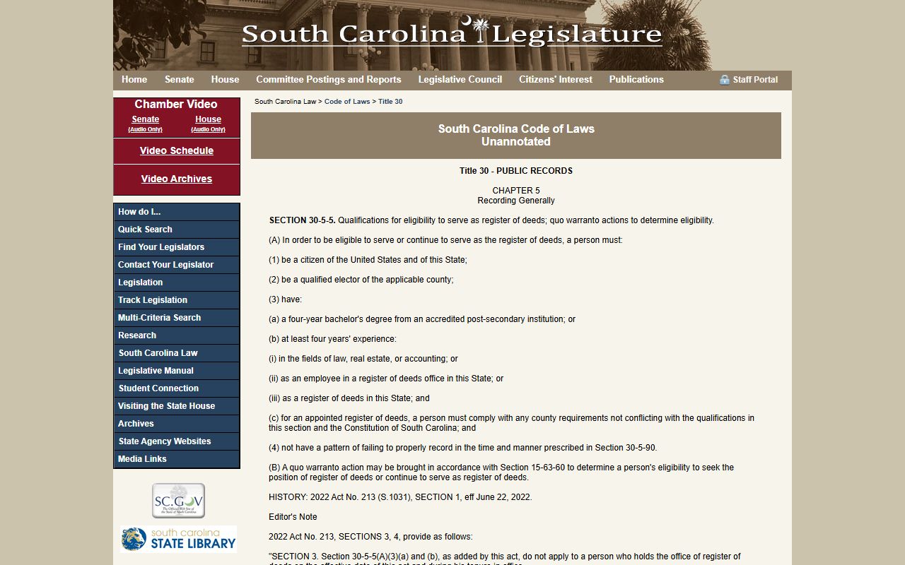 SC Code of Laws Title 30 Chapter 5 recording requirements for South Carolina deed records