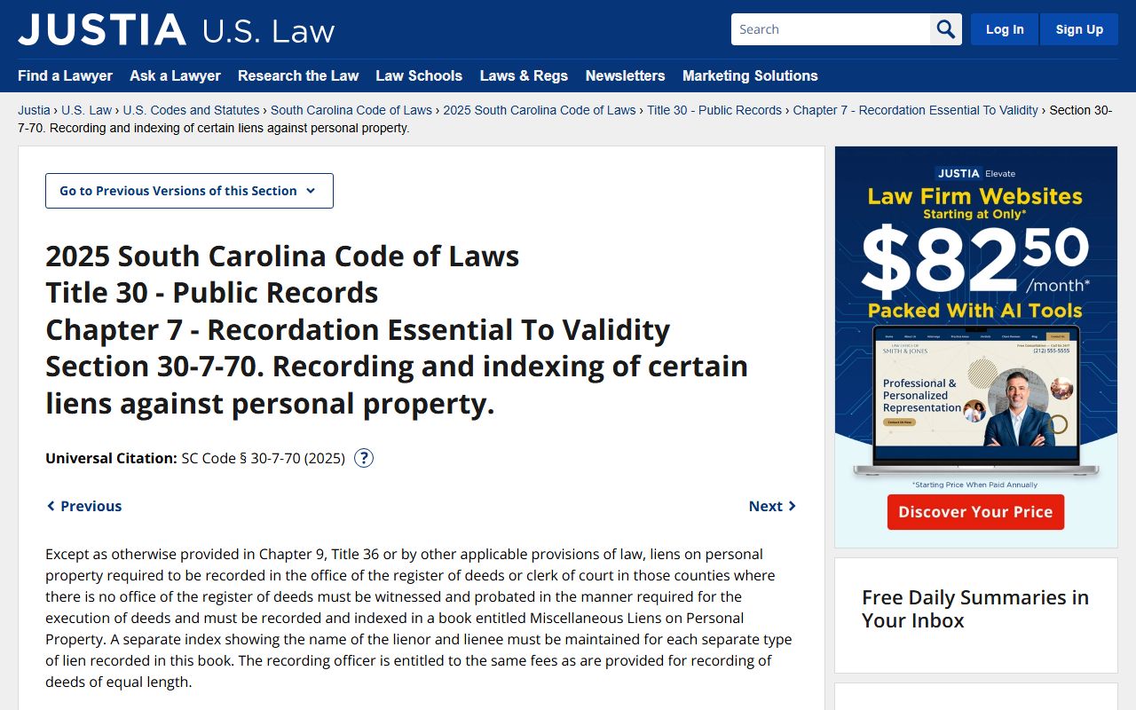 SC Code Section 30-7-70 on recording and indexing liens in South Carolina deed records