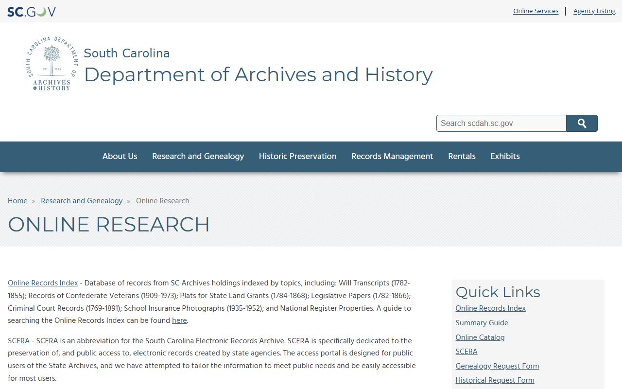 SC Department of Archives and History online research for historical South Carolina deed records