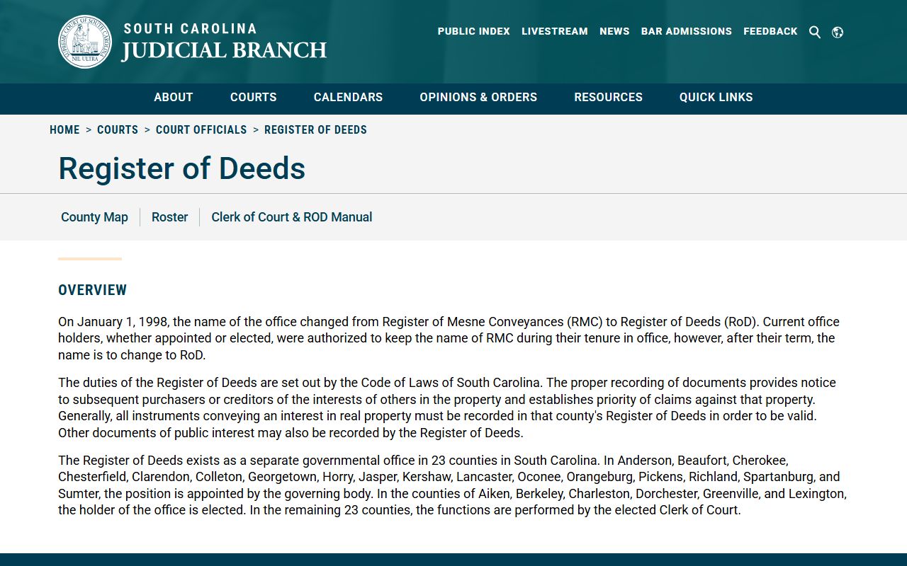 South Carolina Judicial Branch Register of Deeds directory for South Carolina deed records
