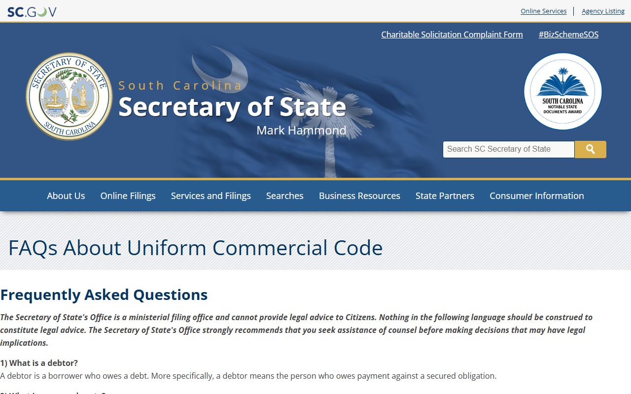 SC Secretary of State UCC filing information related to South Carolina deed records
