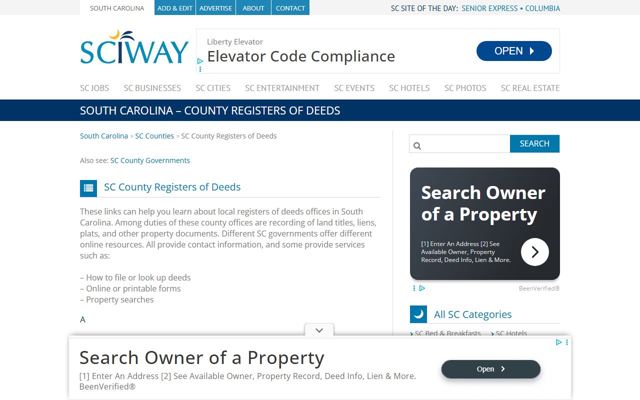 SCIWAY directory of South Carolina county Register of Deeds offices for South Carolina deed records